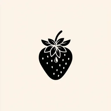 "minimalist black and white strawberry logo, negative space design, hollow strawberry silhouette with scattered seed dots, single curved leaf with dewdrop, clean food packaging, vector flat style    --raw