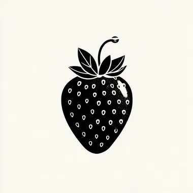 "minimalist black and white strawberry logo, negative space design, hollow strawberry silhouette with scattered seed dots, single curved leaf with dewdrop, clean food packaging, vector flat style    --raw