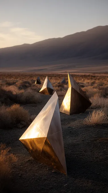 gigantic gold art installation in a mountain desert landscape, dawn light    qfzfbf7 --raw