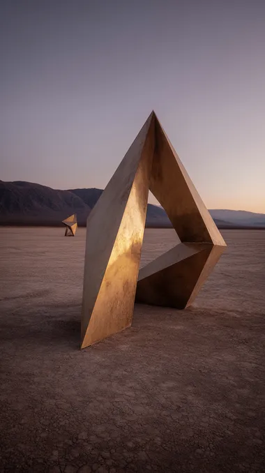 gigantic gold art installation in a mountain desert landscape, dawn light    qfzfbf7 --raw