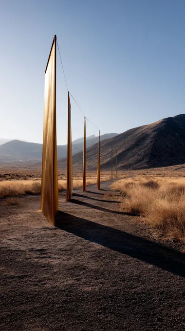 gigantic gold art installation in a mountain desert landscape, dawn light    qfzfbf7 --raw