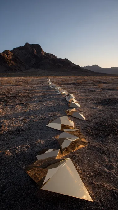 gigantic gold art installation in a mountain desert landscape, dawn light    qfzfbf7 --raw