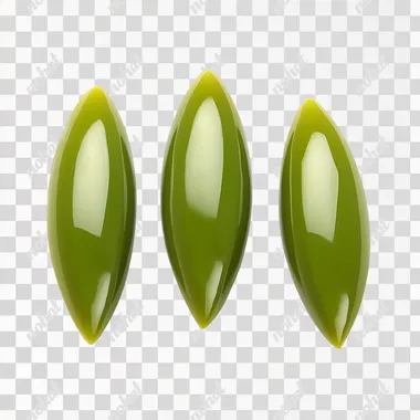 realistic photo , Long and pointed olives ,dry and rough surface, bright green ,top light source, front view , white background