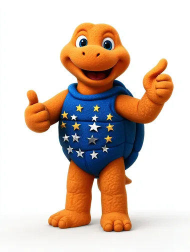 Turn this medium size adult orange turtle with a blue shell and 12 stars on the belly in a 3d Mascot, Fluffy/whool texture skin, on a white background, character set, full body, 3d design, blender style, cartoon 3d, Pixar, Cinematic, no shoes, blue eyes, smiling, 4 fingers and 3 foot finger  --raw   rofile nxel6sh --oref  --ow 500