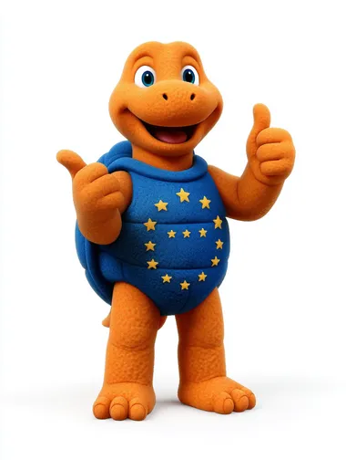 Turn this medium size adult orange turtle with a blue shell and 12 stars on the belly in a 3d Mascot, Fluffy/whool texture skin, on a white background, character set, full body, 3d design, blender style, cartoon 3d, Pixar, Cinematic, no shoes, blue eyes, smiling, 4 fingers and 3 foot finger  --raw   rofile nxel6sh --oref  --ow 500