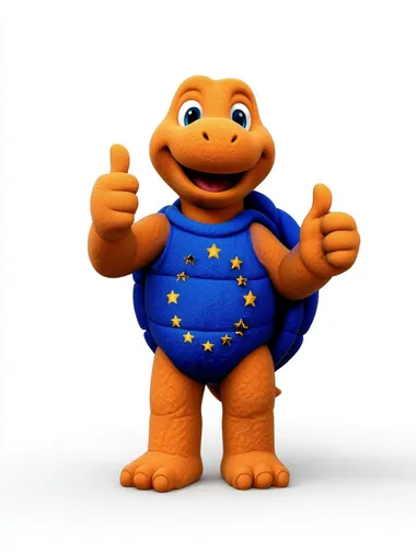 Turn this medium size adult orange turtle with a blue shell and 12 stars on the belly in a 3d Mascot, Fluffy/whool texture skin, on a white background, character set, full body, 3d design, blender style, cartoon 3d, Pixar, Cinematic, no shoes, blue eyes, smiling, 4 fingers and 3 foot finger  --raw   rofile nxel6sh --oref  --ow 500