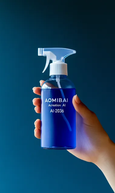 Product photography, hand holding a spray bottle with a blue background. The word "AOMIBAI" is printed on it in a white font, and the sprayer cap has a sticker that says "Acreation AI-2036". The background is a simple solid color gradient, with a light and shadow effect. The image is high resolution, with professional product shooting, bright colors, professional lighting, and high details, with a focus on the text.