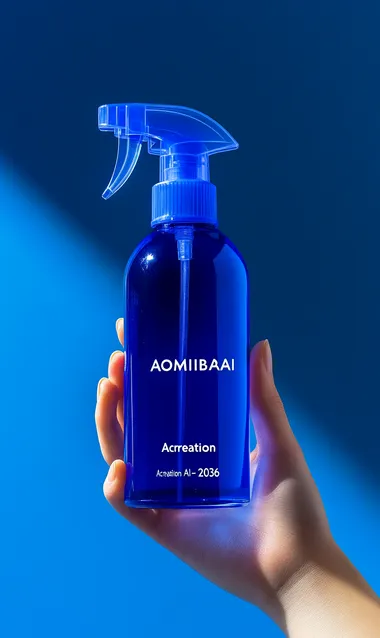 Product photography, hand holding a spray bottle with a blue background. The word "AOMIBAI" is printed on it in a white font, and the sprayer cap has a sticker that says "Acreation AI-2036". The background is a simple solid color gradient, with a light and shadow effect. The image is high resolution, with professional product shooting, bright colors, professional lighting, and high details, with a focus on the text.