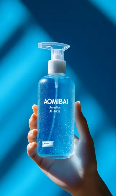 Product photography, hand holding a spray bottle with a blue background. The word "AOMIBAI" is printed on it in a white font, and the sprayer cap has a sticker that says "Acreation AI-2036". The background is a simple solid color gradient, with a light and shadow effect. The image is high resolution, with professional product shooting, bright colors, professional lighting, and high details, with a focus on the text.