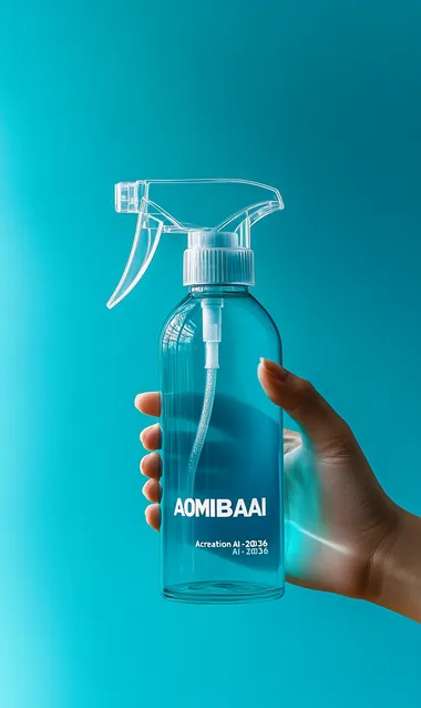Product photography, hand holding a spray bottle with a blue background. The word "AOMIBAI" is printed on it in a white font, and the sprayer cap has a sticker that says "Acreation AI-2036". The background is a simple solid color gradient, with a light and shadow effect. The image is high resolution, with professional product shooting, bright colors, professional lighting, and high details, with a focus on the text.