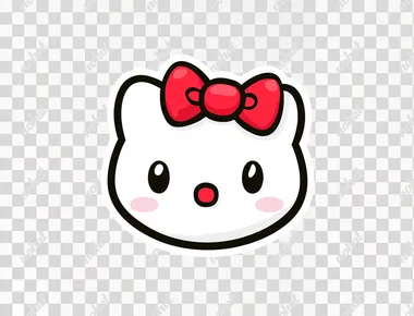 A sticker of a Hello Kitty face, simple line art, in a cute style, on a white background, with a red bow on the head.