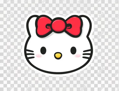 A sticker of a Hello Kitty face, simple line art, in a cute style, on a white background, with a red bow on the head.
