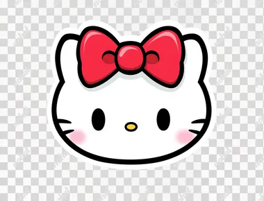 A sticker of a Hello Kitty face, simple line art, in a cute style, on a white background, with a red bow on the head.