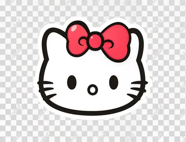 A sticker of a Hello Kitty face, simple line art, in a cute style, on a white background, with a red bow on the head.