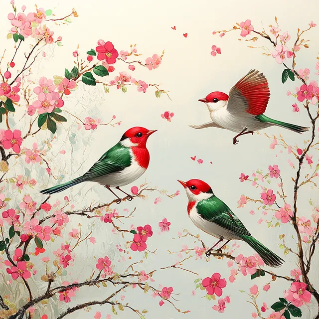 Colorful Birds Perched on a Tall Tree in a Vibrant Forest Setting