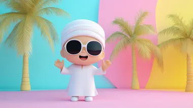 cute 3d muslim kidin arabic traditional cloth, say hello, on pastel vibrant background, with 3d palms behind,   --s 50