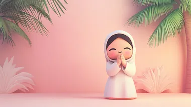 cute 3d muslim kidin arabic traditional cloth, say hello, on pastel vibrant background, with 3d palms behind,   --s 50