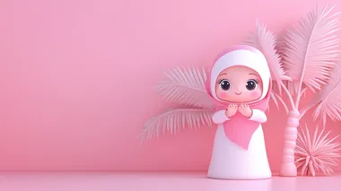 cute 3d muslim kidin arabic traditional cloth, say hello, on pastel vibrant background, with 3d palms behind,   --s 50