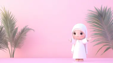cute 3d muslim kidin arabic traditional cloth, say hello, on pastel vibrant background, with 3d palms behind,   --s 50