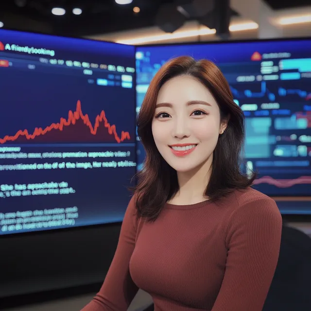 Korean female news anchor in modern studio sharing cryptocurrency updates