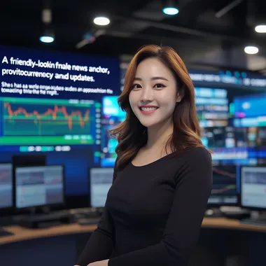 "A friendly-looking Korean female news anchor, providing cryptocurrency information and market updates. She has a warm smile and exudes an approachable vibe. Positioned on the left side of the image, she is facing towards the right. Her hair is neatly styled, and she is dressed in a modern, professional outfit. The background features a sleek, high-tech news studio with digital screens displaying cryptocurrency charts, graphs, and market data, creating a dynamic and informative atmosphere."