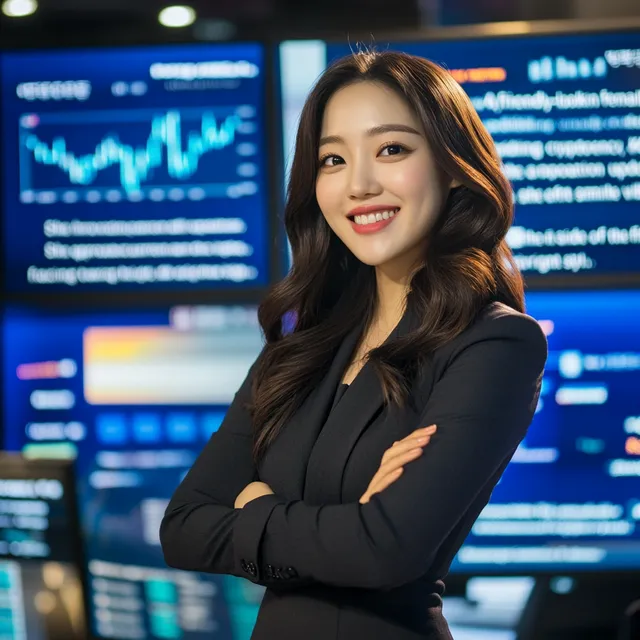 Korean female news anchor in modern studio sharing cryptocurrency updates