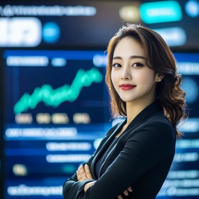 Korean female news anchor in modern studio sharing cryptocurrency updates
