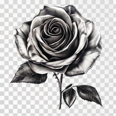 hyper realistic rose sticker design with stem in black and grey and white, on solid white background, high contrast, smooth shades, dynamic light  43b2tzl --s 50