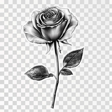 hyper realistic rose sticker design with stem in black and grey and white, on solid white background, high contrast, smooth shades, dynamic light  43b2tzl --s 50