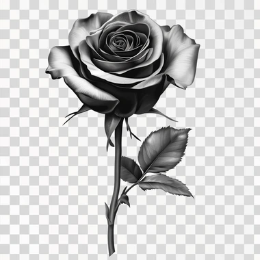 hyper realistic rose sticker design with stem in black and grey and white, on solid white background, high contrast, smooth shades, dynamic light  43b2tzl --s 50