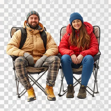 full body photograph of 30 year old man and 30 year old woman wearing winter clothes sitting on the foldable camping chair. isolated on white background
