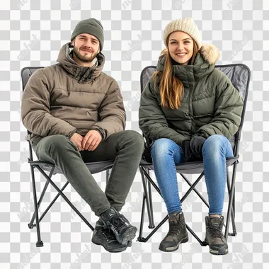 full body photograph of 30 year old man and 30 year old woman wearing winter clothes sitting on the foldable camping chair. isolated on white background