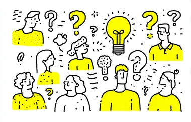 A line drawing of doodles showing question marks, a yellow lightbulb, and people thinking about the business plan in vector format. White background. Simple cartoon style.   ls6f787