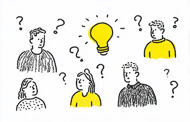 A line drawing of doodles showing question marks, a yellow lightbulb, and people thinking about the business plan in vector format. White background. Simple cartoon style.   ls6f787