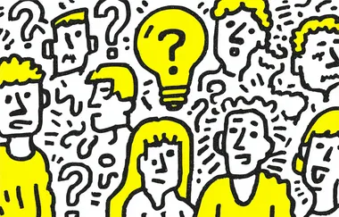 A line drawing of doodles showing question marks, a yellow lightbulb, and people thinking about the business plan in vector format. White background. Simple cartoon style.   ls6f787