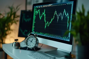 silver alarm clock stands near monitor with growing green trading charts on table and bounces,