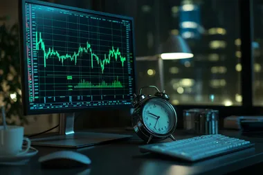 silver alarm clock stands near monitor with growing green trading charts on table and bounces,