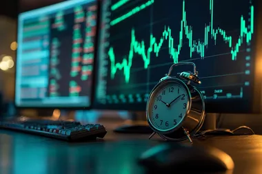 silver alarm clock stands near monitor with growing green trading charts on table and bounces,