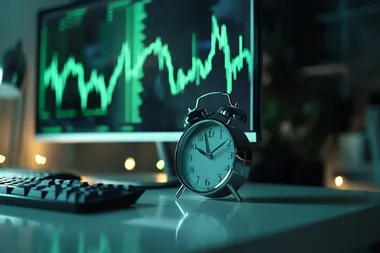 silver alarm clock stands near monitor with growing green trading charts on table and bounces,