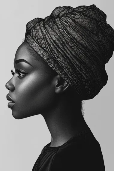 Realistic black and white painting drawing. A young Nigerian woman in profile. Detailed and intricate illustration in the style of Charlie Bowater, high resolution, shades of gray.