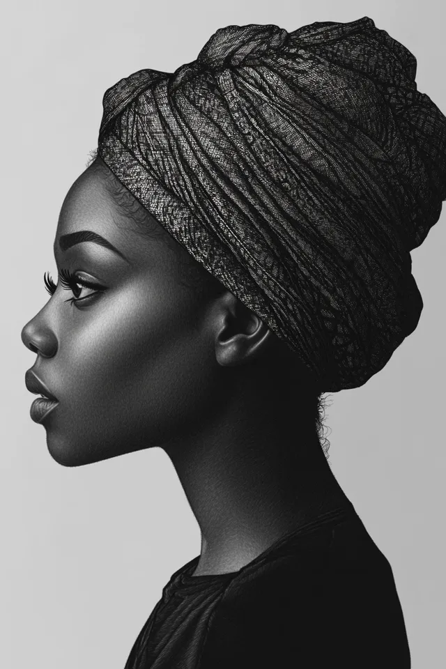 Young Nigerian Woman in Turban, Realistic Black and White Illustration
