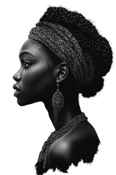 Realistic black and white painting drawing. A young Nigerian woman in profile. Detailed and intricate illustration in the style of Charlie Bowater, high resolution, shades of gray.