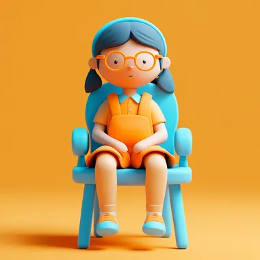 A primary school student sitting on a chair, ui icon design, blue and orange, high quality, many details, oc rendering, transparent frosted glass material, clean background, future technology sense, isometric lighting, studio lighting, isometric rendering, OC rendering, Blender, 3d, C4D, 4k