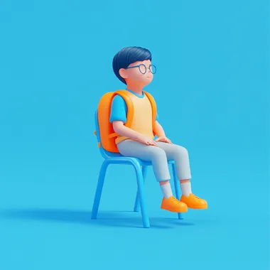 A primary school student sitting on a chair, ui icon design, blue and orange, high quality, many details, oc rendering, transparent frosted glass material, clean background, future technology sense, isometric lighting, studio lighting, isometric rendering, OC rendering, Blender, 3d, C4D, 4k