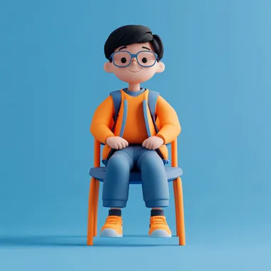 A primary school student sitting on a chair, ui icon design, blue and orange, high quality, many details, oc rendering, transparent frosted glass material, clean background, future technology sense, isometric lighting, studio lighting, isometric rendering, OC rendering, Blender, 3d, C4D, 4k