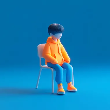 A primary school student sitting on a chair, ui icon design, blue and orange, high quality, many details, oc rendering, transparent frosted glass material, clean background, future technology sense, isometric lighting, studio lighting, isometric rendering, OC rendering, Blender, 3d, C4D, 4k