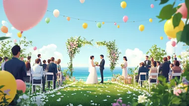 There is a couple getting married on the lawn, holding a wedding banquet, and there is a sea view in the distance. Style: Romantic and festive, many people, blessing here, some standing, some sitting, festive scene, add some balloons and colored lights.
