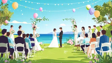 There is a couple getting married on the lawn, holding a wedding banquet, and there is a sea view in the distance. Style: Romantic and festive, many people, blessing here, some standing, some sitting, festive scene, add some balloons and colored lights.