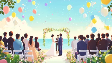 There is a couple getting married on the lawn, holding a wedding banquet, and there is a sea view in the distance. Style: Romantic and festive, many people, blessing here, some standing, some sitting, festive scene, add some balloons and colored lights.