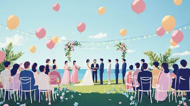 There is a couple getting married on the lawn, holding a wedding banquet, and there is a sea view in the distance. Style: Romantic and festive, many people, blessing here, some standing, some sitting, festive scene, add some balloons and colored lights.